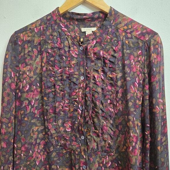 J.Crew Women Whimsigoth Romantic 2010s Sheer Silk Floral Ruffle Button-Up Top 8 - Picture 3 of 11